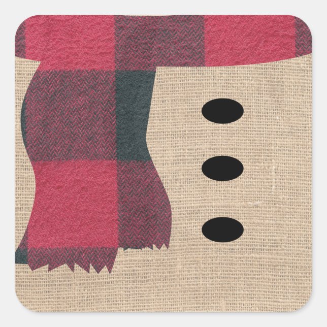 Adesivo Quadrado Farmhouse Burlap Snowman Xadrez Scarf & Butts (Frente)