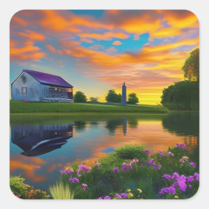 Adesivo Quadrado Farmhouse Purple Telhado Pond em Sunrise