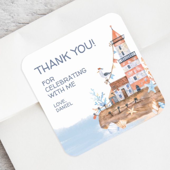 Adesivo Quadrado Farol Personalizado Náutico (Personalized nautical party thank you sticker)