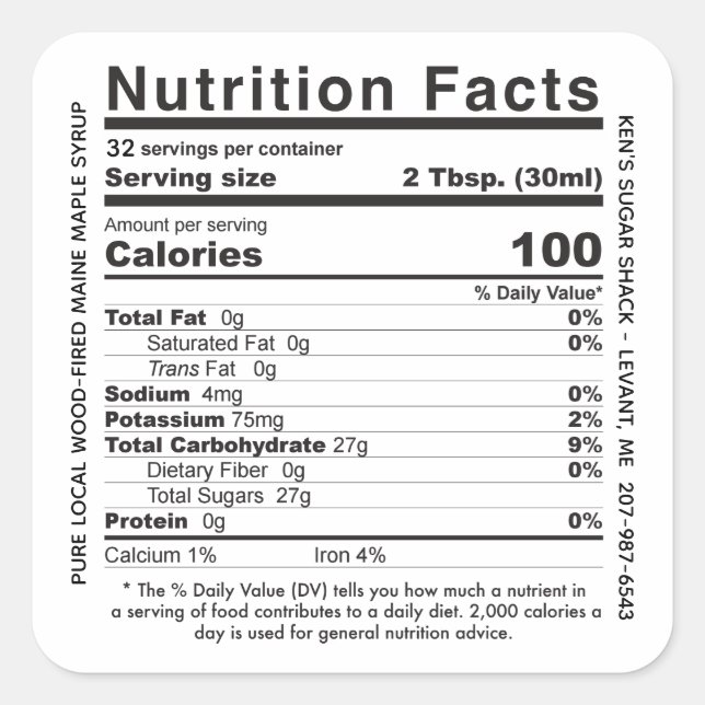 Adesivo Quadrado Fatos De Nutrição Do Xarope De Nome Do Estado Cerr (Frente)