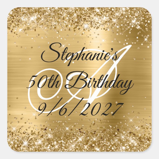 Adesivo Quadrado Faux Dourado Glitter and Foil 50th Birthday (Frente)