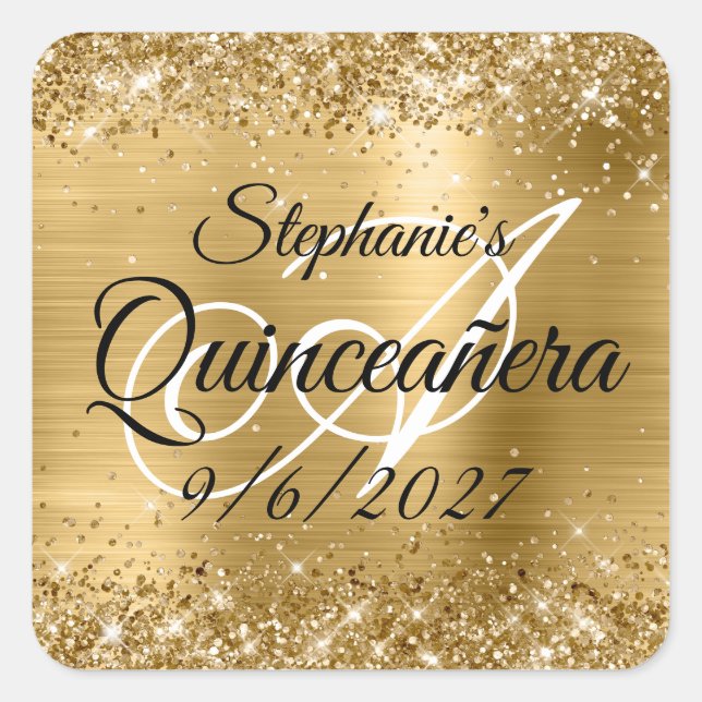 Adesivo Quadrado Faux Dourado Glitter e Foil Quinceañera (Frente)