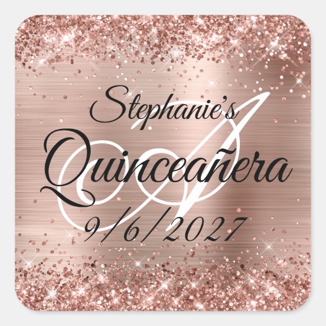 Adesivo Quadrado Faux Rosa Dourada Glitter e Foil Quinceañera (Frente)