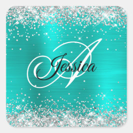 Adesivo Quadrado Faux Shiny Silver Glitter Turquoise Monograma