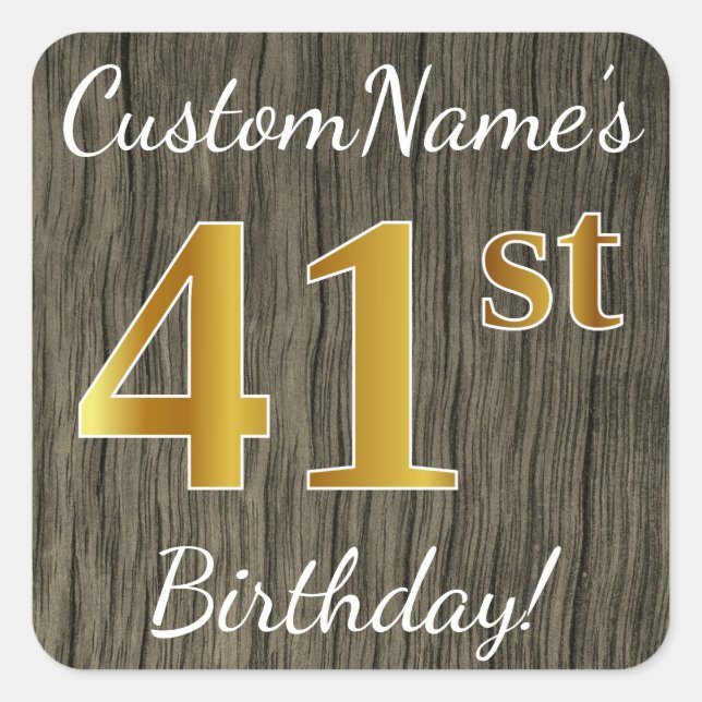 Adesivo Quadrado Faux Wood, Faux Dourado 41rua Birthday + Nome Pers (Frente)