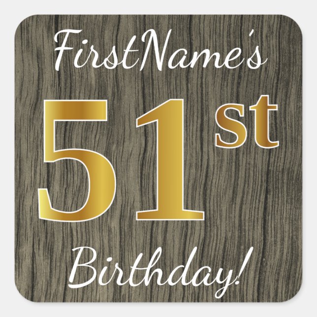 Adesivo Quadrado Faux Wood, Faux Dourado 51ruas Birthday + Nome Per (Frente)