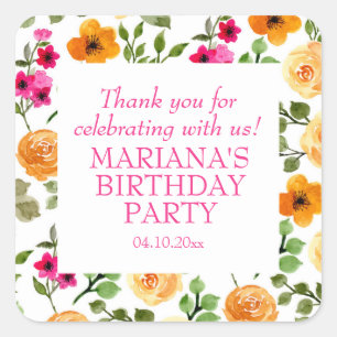 Adesivo Quadrado Favor da Festa de aniversário Floral Cor-de-Laranj