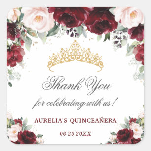 Adesivo Quadrado Favor da Quinceanera Floral Rosa Burgundy Obrigado