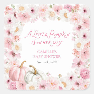 Adesivo Quadrado Favor de Abóbora Rosa de Outono Baby Shower