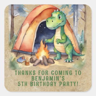 Adesivo Quadrado Favor de Aniversário Acampamento de Dinossauros