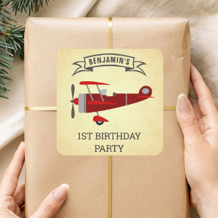 Adesivo Quadrado Favor de Aniversário de Avião Retrô Vermelho Vinta