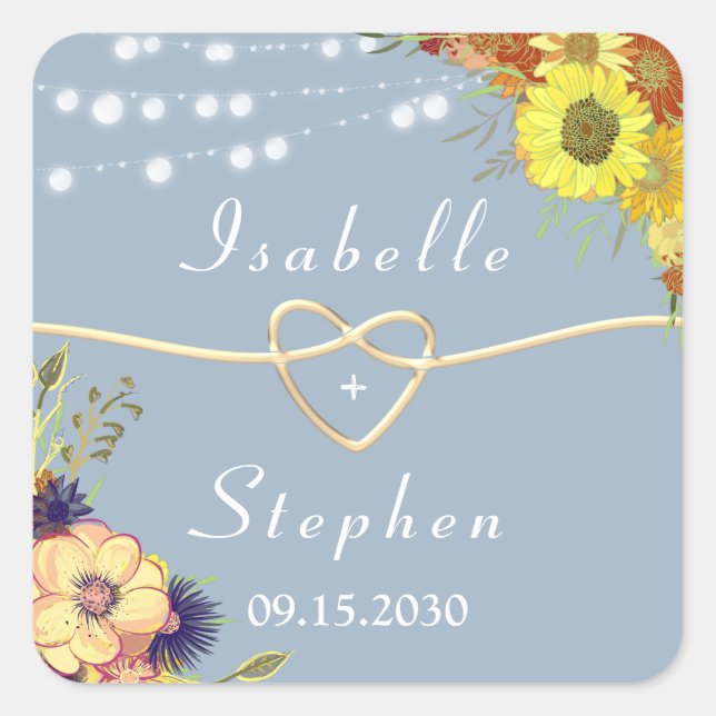 Adesivo Quadrado Favor de casamento azul empoeirado rústico floral (Frente)