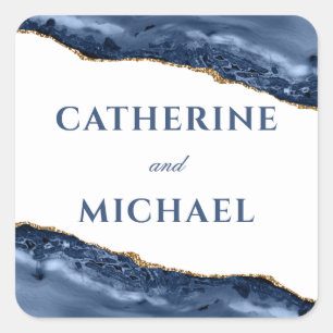 Adesivo Quadrado Favor de Casamento com Borda de Ágata Azul e Doura