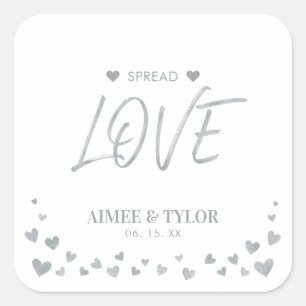 Adesivo Quadrado Favor de casamento Corações de Prata Espalham o Am