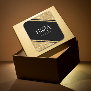 Adesivo Quadrado Favor de Casamento de Stripe de Glitter Preto e Do