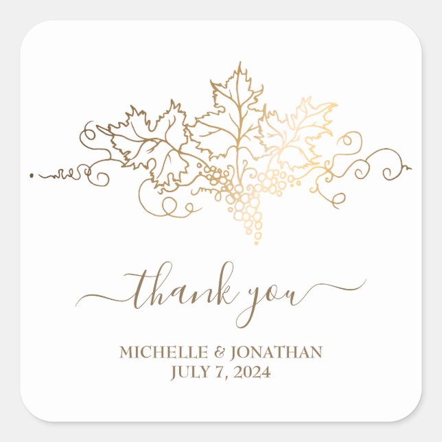 Adesivo Quadrado Favor de Casamento de Vinha ouro (Frente)