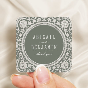 Adesivo Quadrado Favor de casamento em renda floral verde sage vint