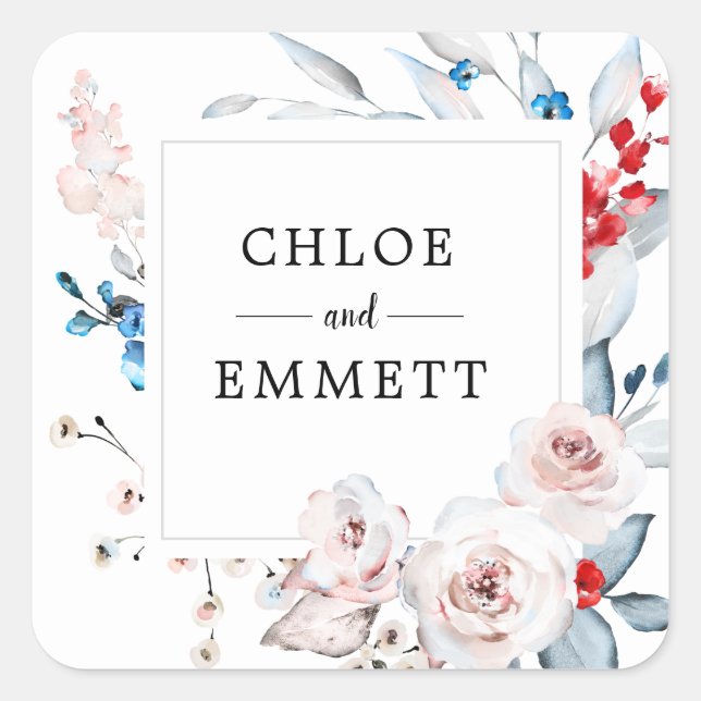 Adesivo Quadrado Favor de Casamento Floral Azul e Rosa Esbranquiçad (Frente)