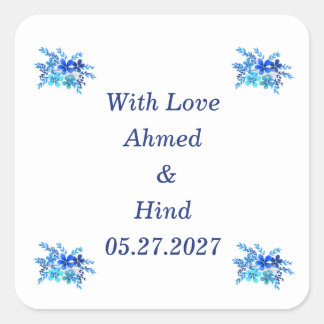 Adesivo Quadrado Favor de casamento floral em aquarela azul elegant