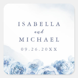 Adesivo Quadrado Favor de casamento floral em aquarela azul elegant