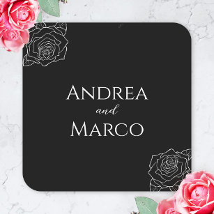 Adesivo Quadrado Favor De Casamento Gótico De Rosa Negra E Branca