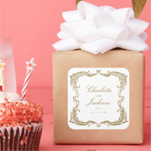 Adesivo Quadrado Favor de casamento Moldura Vintage Dourada Escrita