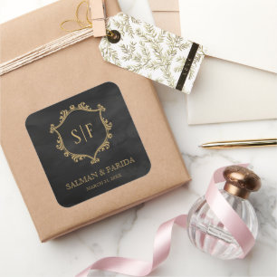 Adesivo Quadrado Favor de Casamento Monograma Black Gold Crest