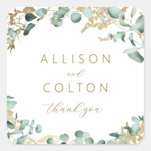 Adesivo Quadrado Favor de casamento rústico eucalipto dourado boho