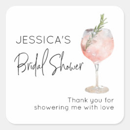 Adesivo Quadrado Favor de Chá de Bebê de Cocktail de Vinho Rosa