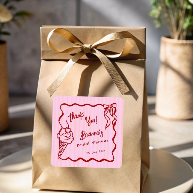 Adesivo Quadrado Favor de chá de panela de sorvete Ela foi pega (She's been scooped up ice cream bridal shower personalized favor sticker)