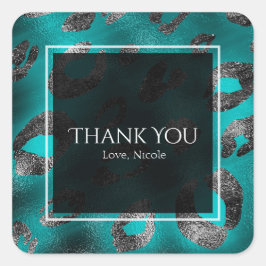 Adesivo Quadrado Favor de festa com estampa de leopardo azul turque