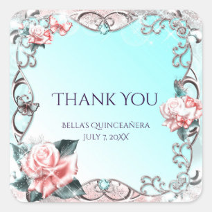 Adesivo Quadrado Favor de festa de aniversário com Rosas e Borbolet