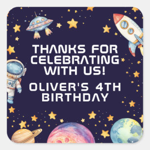 Adesivo Quadrado Favor de festa de aniversário de foguete espacial 