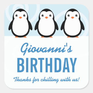 Adesivo Quadrado Favor de festa de aniversário do menino pinguim de
