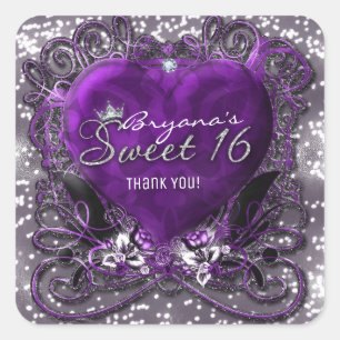 Adesivo Quadrado Favor de Festa Sweet 16 Coração Roxo e Prata Brilh