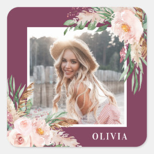 Adesivo Quadrado Favor de foto floral feminino rosa roxo para anive