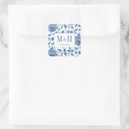 Adesivo Quadrado Favor de Monograma de Casamento Azul e Branco Eleg