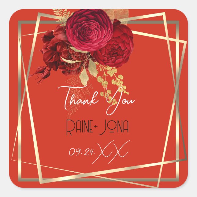 Adesivo Quadrado Favor de Noiva de Casamento Quadro Dourado Flora V (Frente)