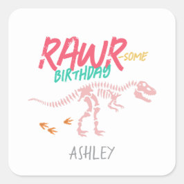 Adesivo Quadrado Favor do Aniversário de criança do Dinossauro Rosa