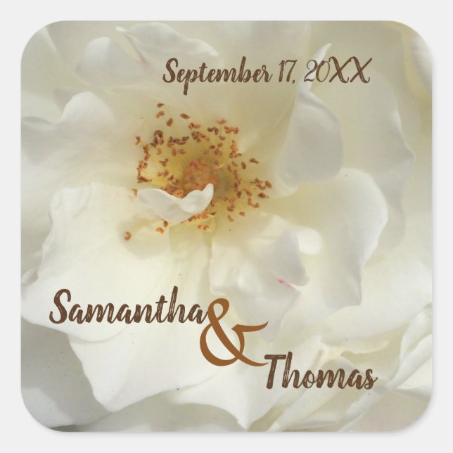 Adesivo Quadrado Favor do Casamento Bonito Rosa Branca Foto Floral  (Frente)