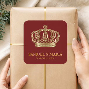 Adesivo Quadrado Favor do Casamento da Coroa do Ornamentado Vermelh