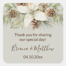 Adesivo Quadrado Favor do Casamento Elegante De Script Beige Winter