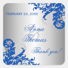 Adesivo Quadrado Favor do Casamento Flourish Real Blue Silver