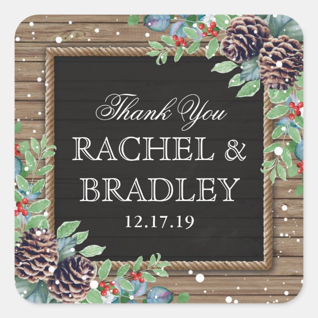 Adesivo Quadrado Favor do Casamento no inverno de Natal Rustic Coun (Frente)