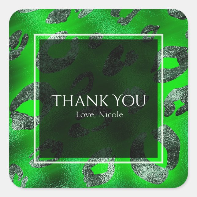 Adesivo Quadrado Favor do Partido de Impressão do Leopardo e verde  (Frente)