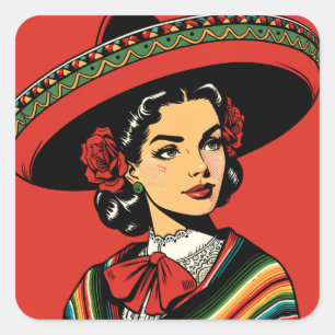Adesivo Quadrado Favor do Partido Retro Cinco de Mayo Fiesta