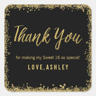 Adesivo Quadrado Favores Dourados pretos do aniversário do brilho