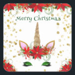 Adesivo Quadrado Favoritos para festas Verdes da Unicórn de Poinset<br><div class="desc">Favoritos para festas de natal Poinsettia Unicorn obrigado você em Verde para uma festa festiva de Férias.</div>