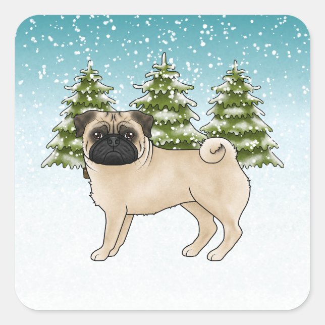 Adesivo Quadrado Fawn Pug Cute Cartoon Dog Snowy Winter Forest (Frente)