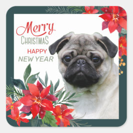 Adesivo Quadrado Fawn Pug Dog Poinsettia Natal